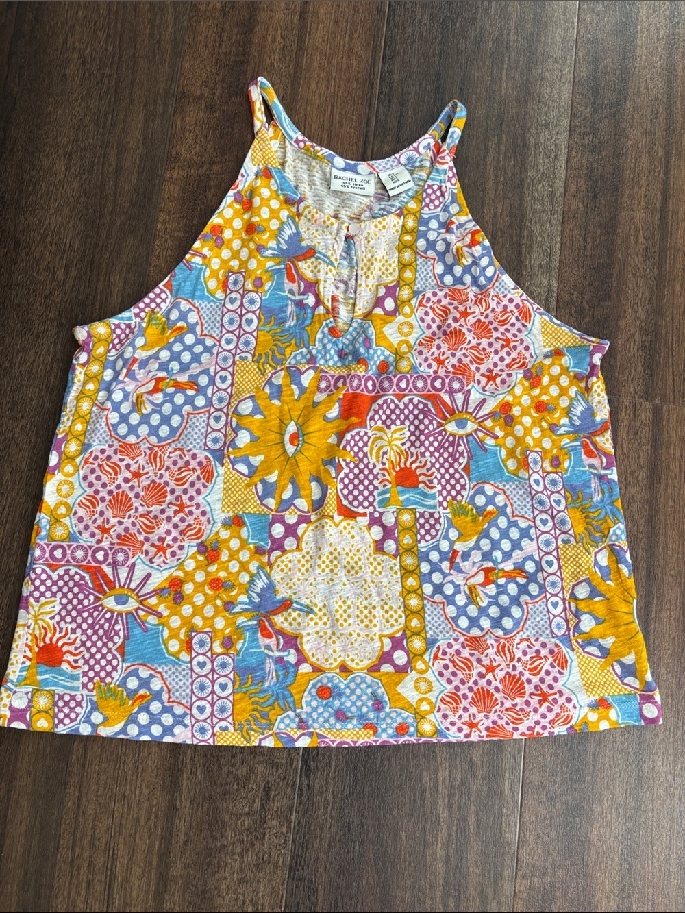 Rachel Zoe Vibrant Patchwork Tank in Yellow, Blue, Pink & Orange with Keyhole